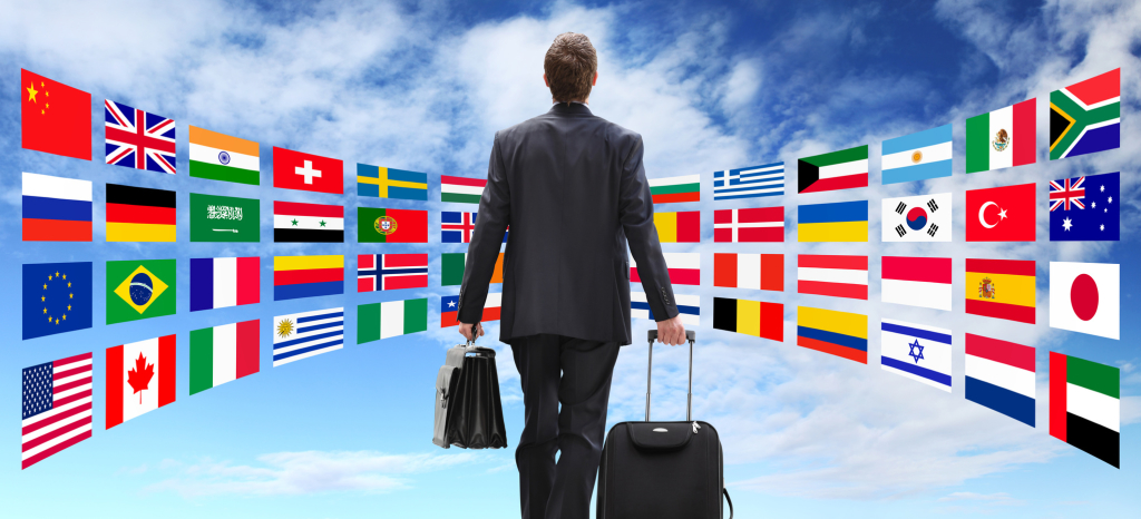 International business man travel with trolley, global business concept